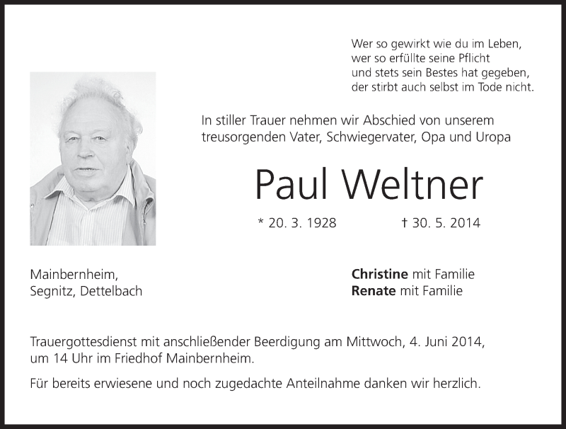  Traueranzeige für Paul Weltner vom 02.06.2014 aus MGO