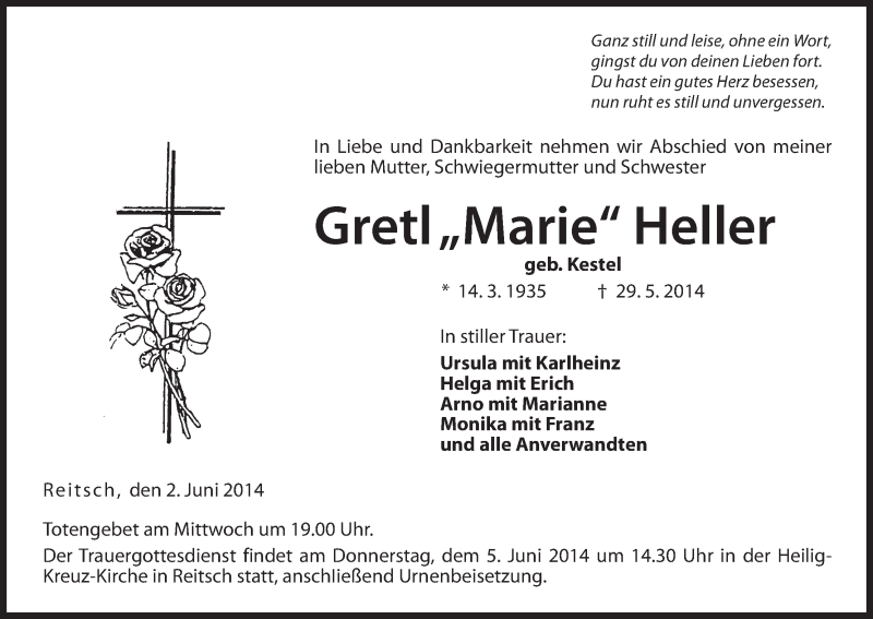  Traueranzeige für Gretl Heller vom 02.06.2014 aus MGO