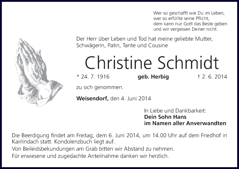  Traueranzeige für Christine Schmidt vom 04.06.2014 aus MGO