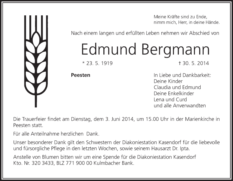  Traueranzeige für Edmund Bergmann vom 02.06.2014 aus MGO