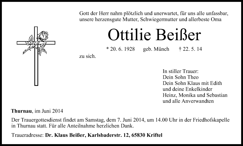  Traueranzeige für Ottilie Beißer vom 04.06.2014 aus MGO