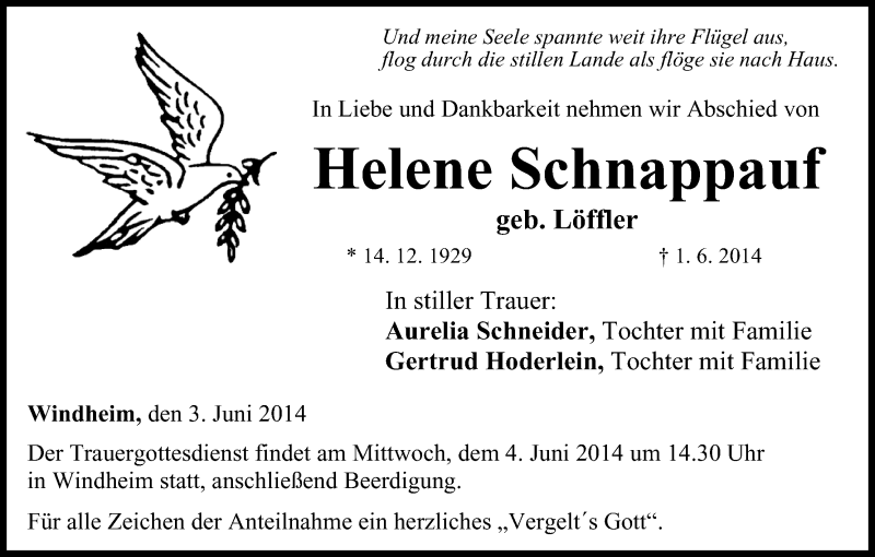  Traueranzeige für Helene Schnappauf vom 03.06.2014 aus MGO