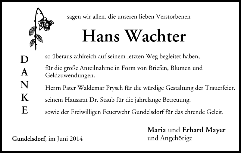  Traueranzeige für Hans Wachter vom 03.06.2014 aus MGO