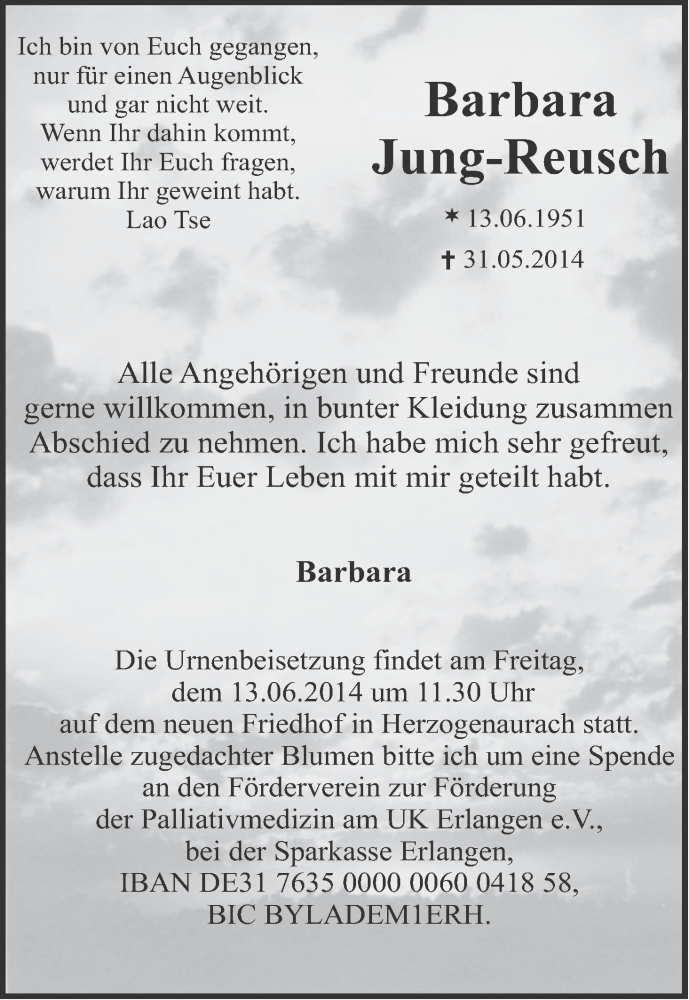  Traueranzeige für Barbara Jung-Reusch vom 07.06.2014 aus MGO