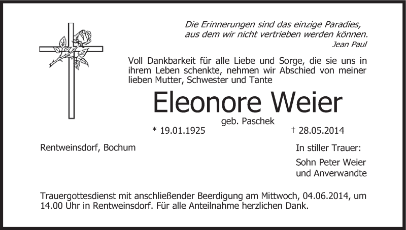  Traueranzeige für Eleonore Weier vom 03.06.2014 aus MGO