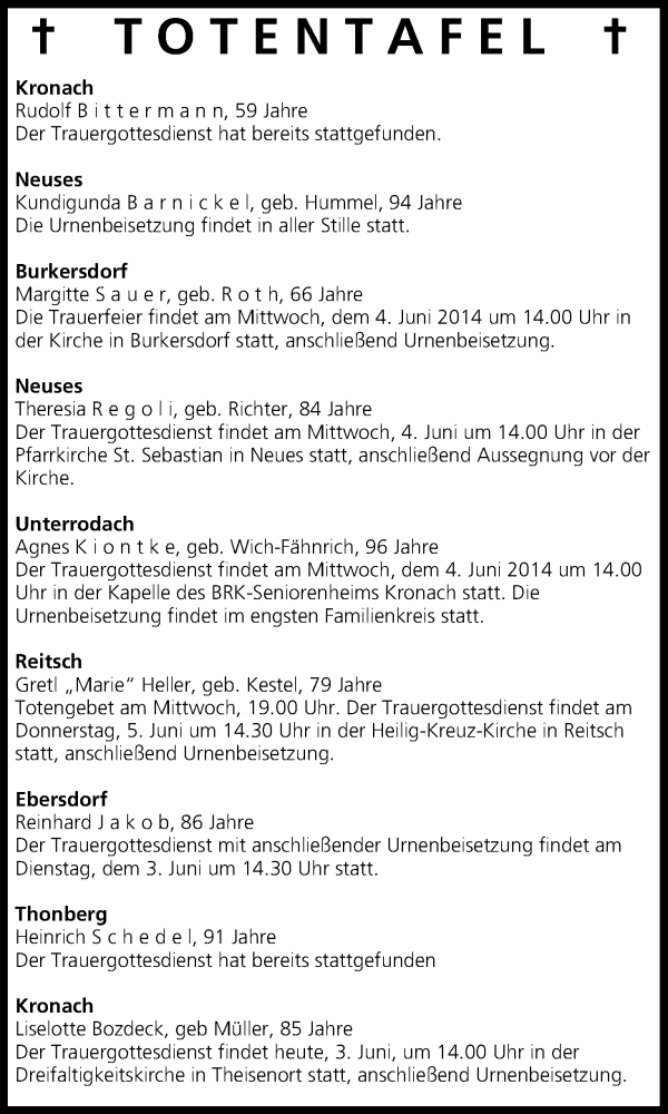  Traueranzeige für Totentafel vom 03.06.2014 vom 03.06.2014 aus MGO