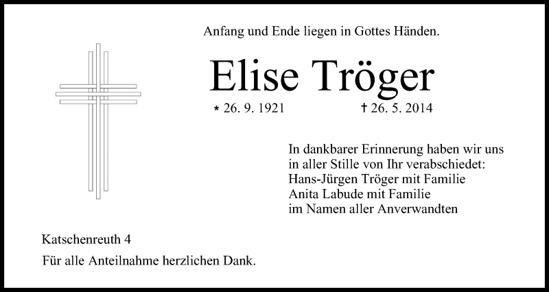  Traueranzeige für Elise Tröger vom 03.06.2014 aus MGO