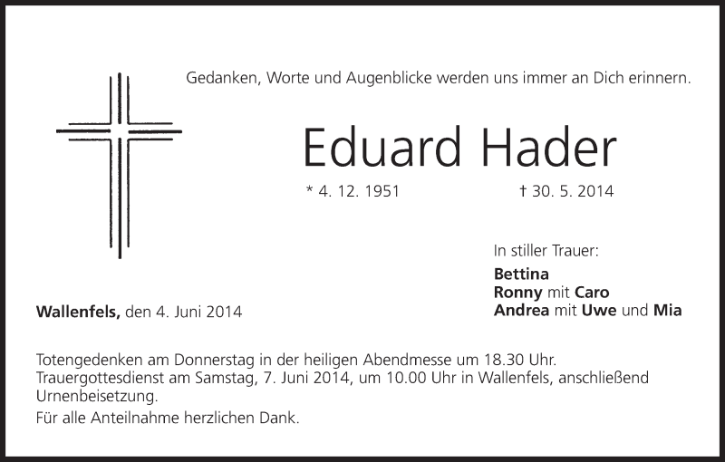  Traueranzeige für Eduard Hader vom 04.06.2014 aus MGO