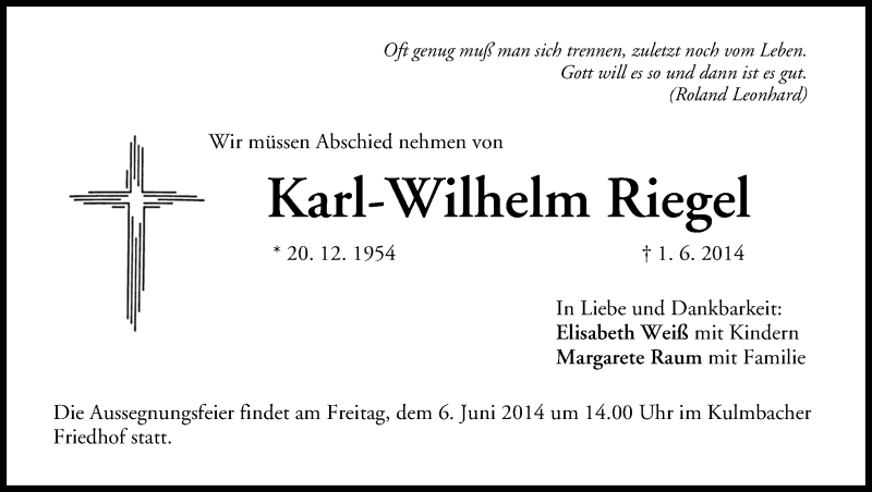  Traueranzeige für Karl-Wilhelm Riegel vom 04.06.2014 aus MGO