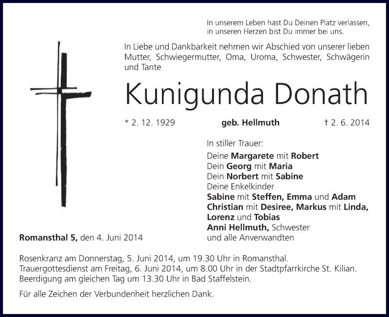  Traueranzeige für Kunigunda Donath vom 04.06.2014 aus MGO