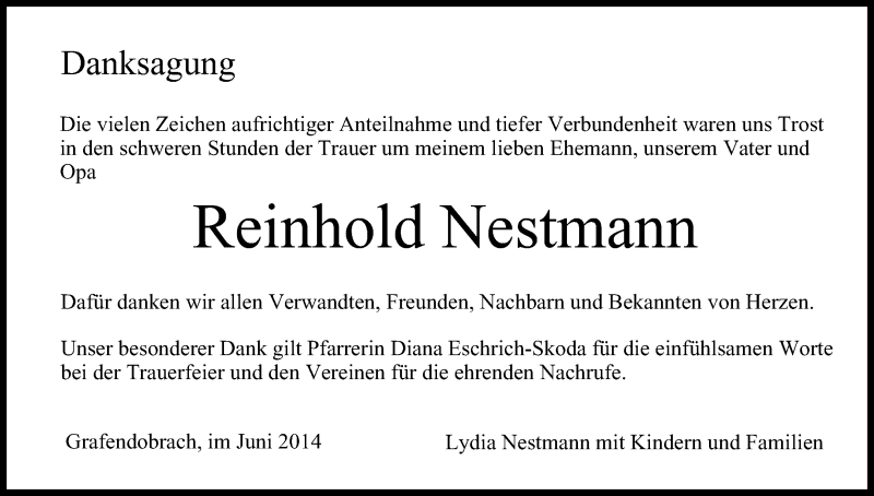  Traueranzeige für Reinhold Nestmann vom 04.06.2014 aus MGO