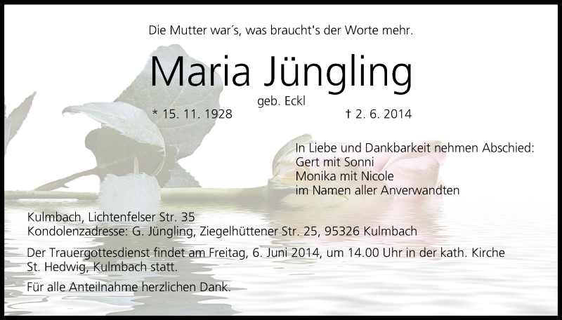  Traueranzeige für Maria Jüngling vom 04.06.2014 aus MGO