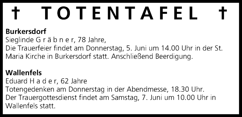  Traueranzeige für Totentafel, vom 05.06.2014 vom 05.06.2014 aus MGO