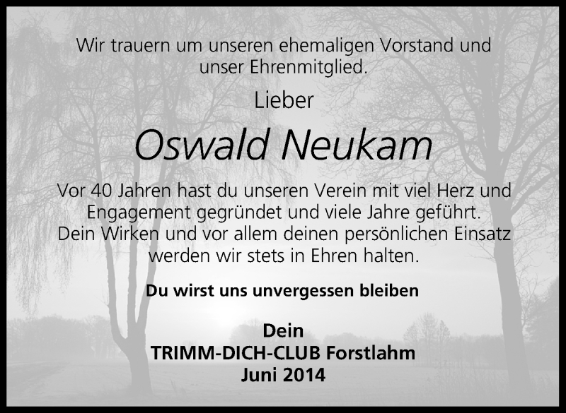  Traueranzeige für Oswald Neukam vom 06.06.2014 aus MGO
