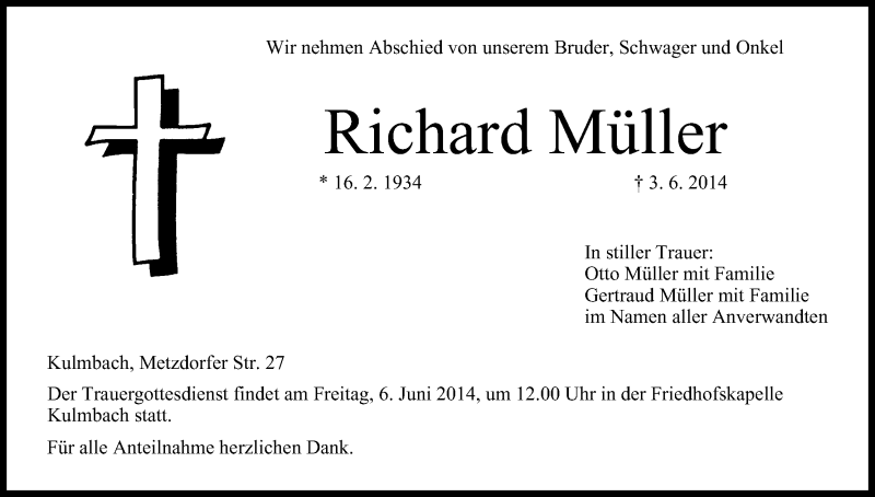 Traueranzeige für Richard Müller vom 05.06.2014 aus MGO