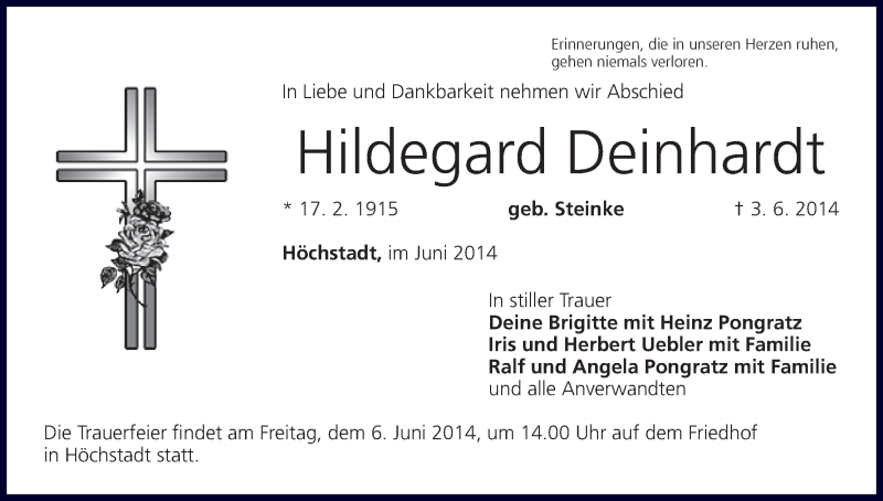  Traueranzeige für Hildegard Deinhardt vom 05.06.2014 aus MGO