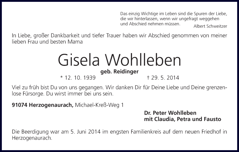  Traueranzeige für Gisela Wohlleben vom 07.06.2014 aus MGO