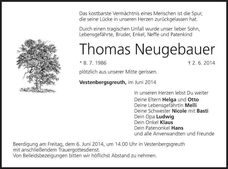  Traueranzeige für Thomas Neugebauer vom 05.06.2014 aus MGO