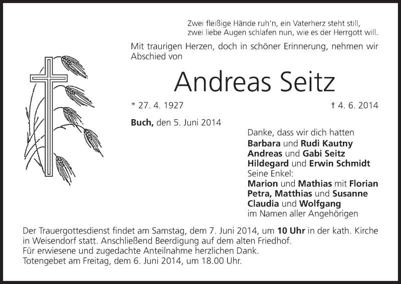  Traueranzeige für Andreas Seitz vom 05.06.2014 aus MGO