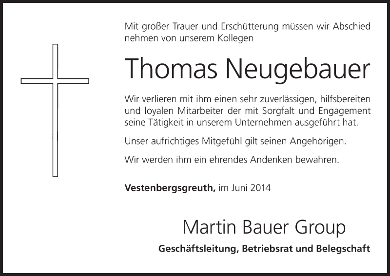  Traueranzeige für Thomas Neugebauer vom 05.06.2014 aus MGO