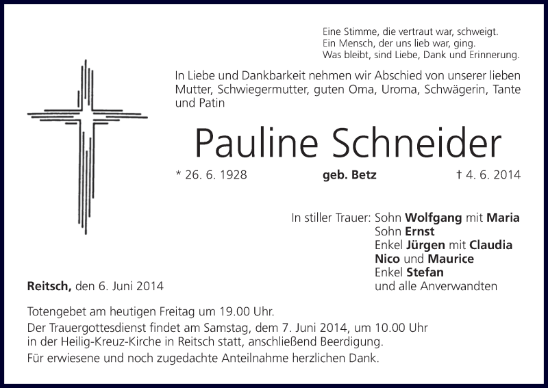  Traueranzeige für Pauline Schneider vom 06.06.2014 aus MGO
