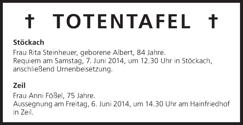  Traueranzeige für Totentafel 06.06.2014 vom 06.06.2014 aus MGO