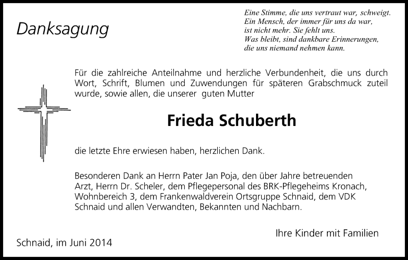  Traueranzeige für Frieda Schuberth vom 06.06.2014 aus MGO