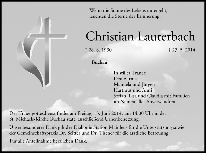  Traueranzeige für Christian Lauterbach vom 11.06.2014 aus MGO