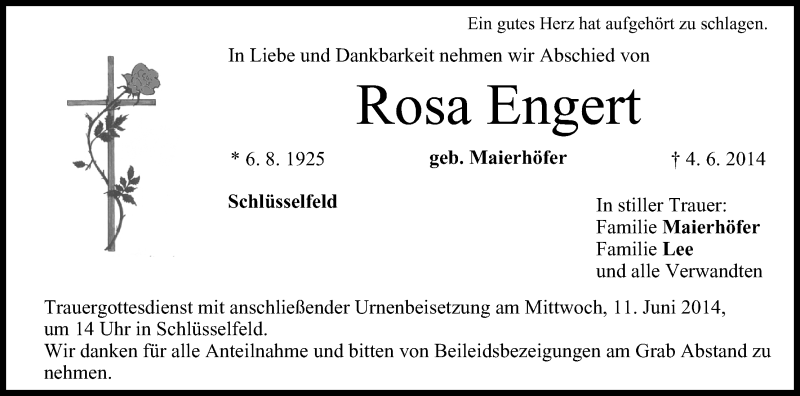 Traueranzeige für Rosa Engert vom 07.06.2014 aus MGO