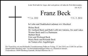 Anzeige von Franz Beck von MGO
