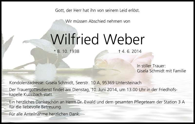  Traueranzeige für Wilfried Weber vom 07.06.2014 aus MGO