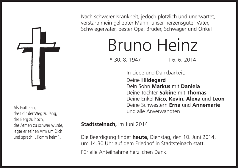  Traueranzeige für Bruno Heinz vom 10.06.2014 aus MGO