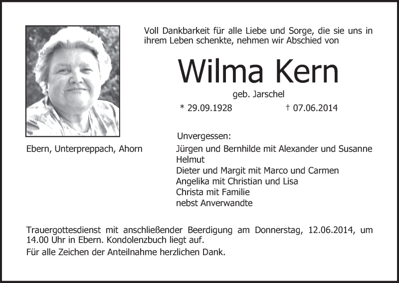  Traueranzeige für Wilma Kern vom 10.06.2014 aus MGO
