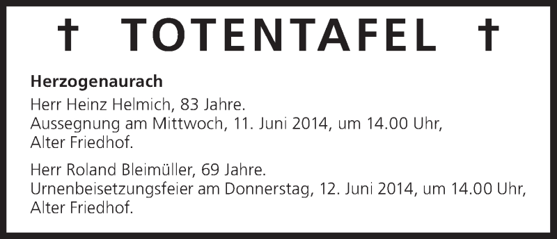  Traueranzeige für Totentafel vom 10.06.2014 vom 10.06.2014 aus MGO