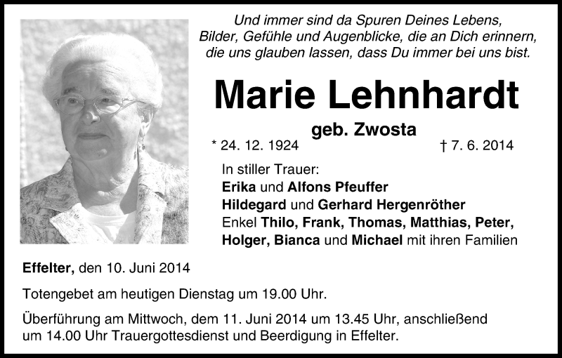  Traueranzeige für Marie Lehnhardt vom 10.06.2014 aus MGO