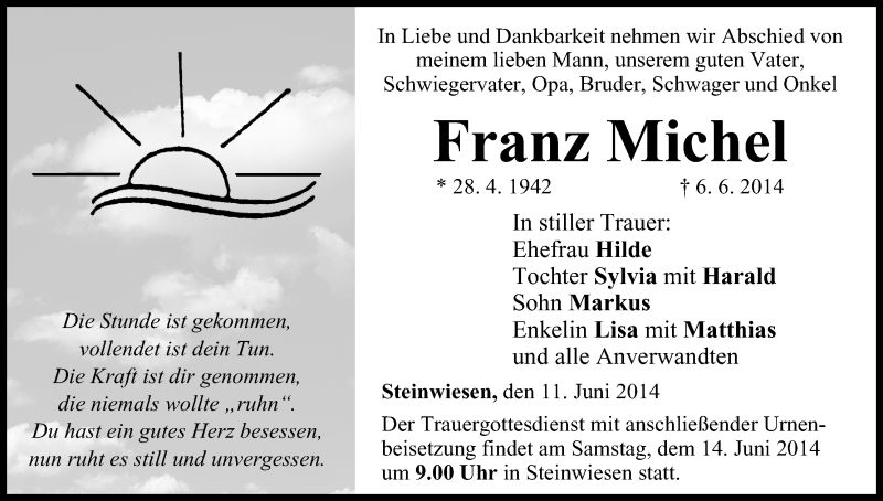  Traueranzeige für Franz Michel vom 11.06.2014 aus MGO