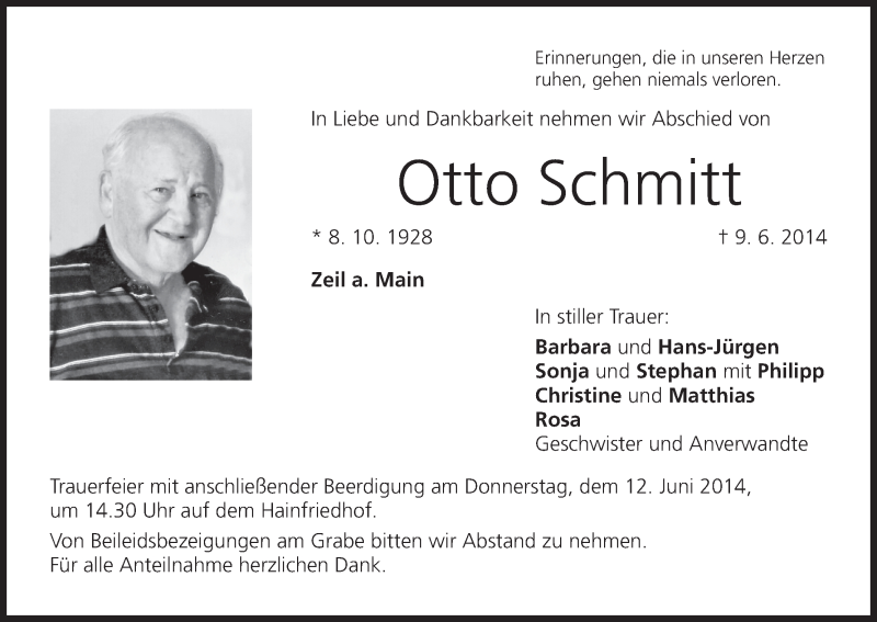 Traueranzeige für Otto Schmitt vom 11.06.2014 aus MGO