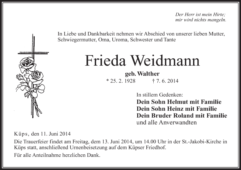  Traueranzeige für Frieda Weidmann vom 11.06.2014 aus MGO
