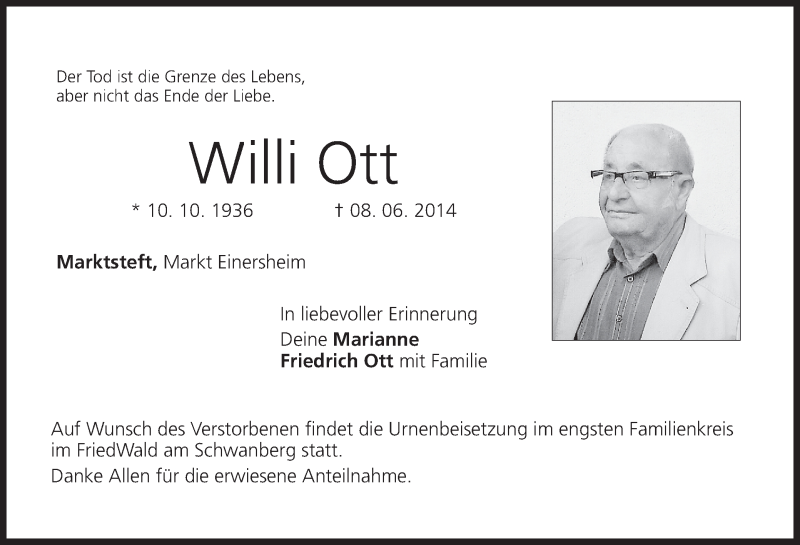  Traueranzeige für Willi Ott vom 11.06.2014 aus MGO