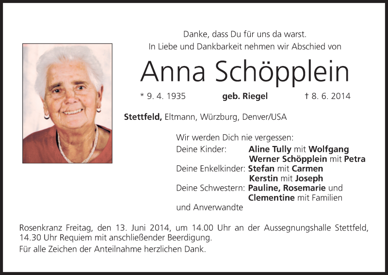 Traueranzeige für Anna Schöpplein vom 11.06.2014 aus MGO