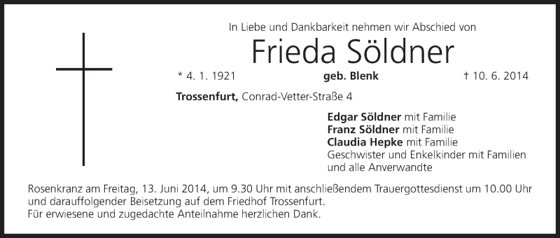  Traueranzeige für Frieda Söldner vom 11.06.2014 aus MGO