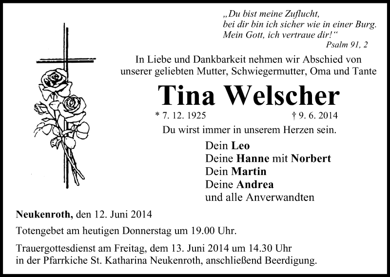  Traueranzeige für Tina Welscher vom 12.06.2014 aus MGO