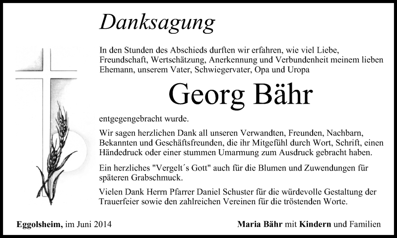  Traueranzeige für Georg Bähr vom 14.06.2014 aus MGO