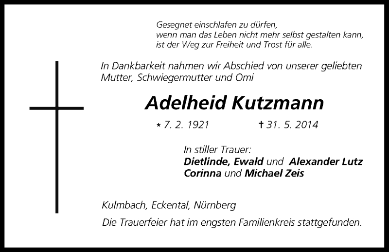  Traueranzeige für Adelheid Kutzmann vom 14.06.2014 aus MGO