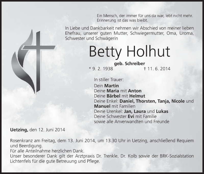  Traueranzeige für Betty Holhut vom 12.06.2014 aus MGO