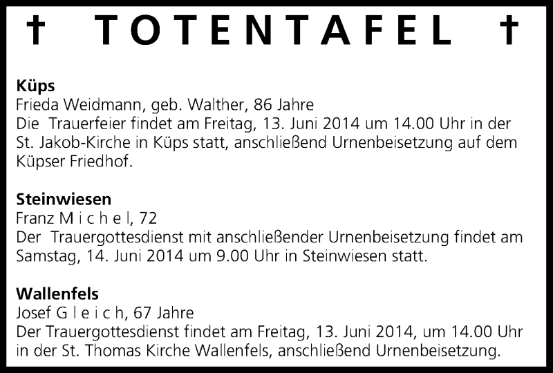  Traueranzeige für Totentafel vom 12.06.2014 vom 12.06.2014 aus MGO