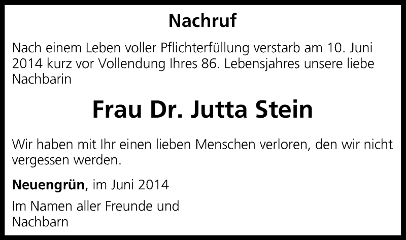  Traueranzeige für Jutta Stein vom 12.06.2014 aus MGO