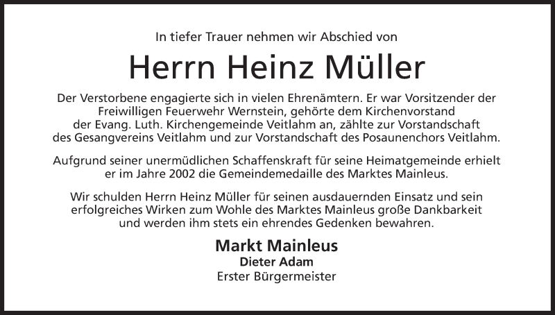  Traueranzeige für Heinz Müller vom 13.06.2014 aus MGO