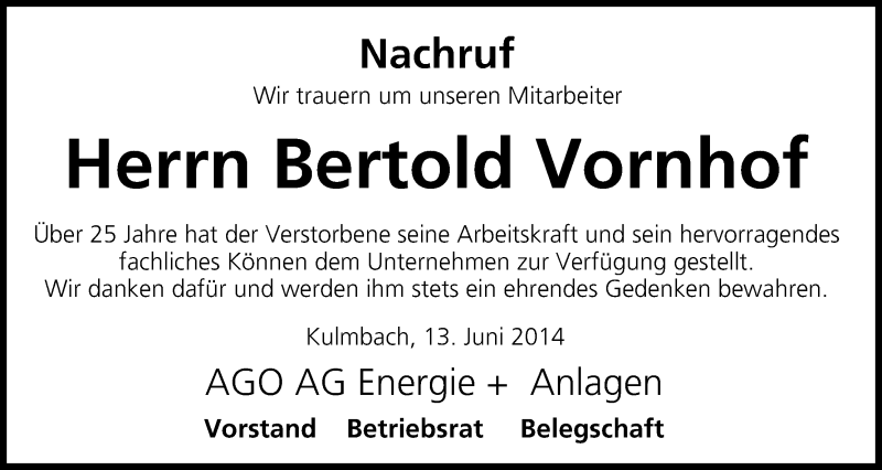 Traueranzeige für Bertold Vornhof vom 13.06.2014 aus MGO