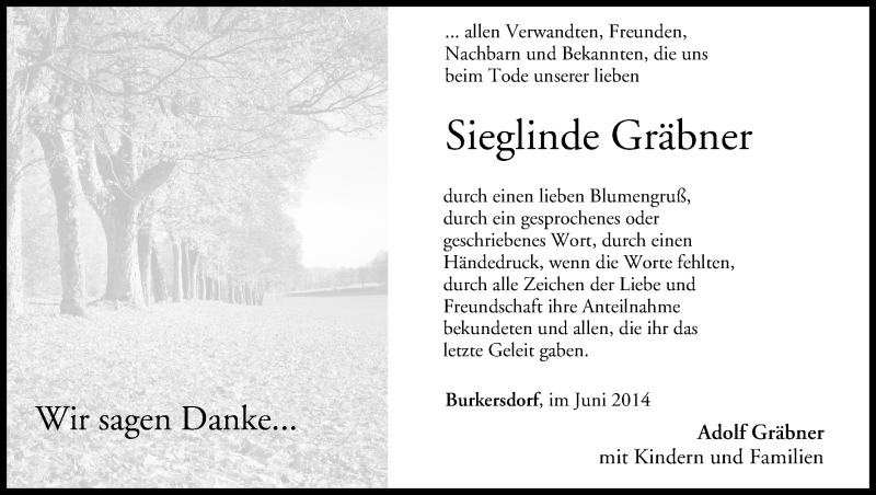  Traueranzeige für Sieglinde Gräbner vom 14.06.2014 aus MGO